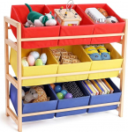 BELLE VOUS M&auml;nguasjade hoiukapp korvidega - 3 tasandiline lasteriiul - Korvidega - M&auml;nguasjade riiul - lastetoa m&ouml;&ouml;bel - raamaturiiul lastetoas - riidest korvidega