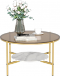 Kohvilaud &Uuml;mmargune kuldne klaasist 2 riiulit &Uuml;mmargune elutoa laud marmorist v&auml;ikese lauaplaadiga Moodne diivanilaud kuldse metallraamiga 80 x 80 x 47,5 cm