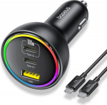 Baseus RGB sigaretis&uuml;&uuml;taja USB C, 152,5 W autolaadija 100 W USB C kaabliga, autolaadija sigaretis&uuml;&uuml;taja, mis &uuml;hildub Air Mini, iPhone seeria 16/15/14/13, AirPods, iPad, Samsung S24/S23-ga