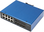 DIGITUS PoE Netzwerk-Switch - 12-Port Gigabit Ethernet - 8X RJ45 + 4X SFP+ 10Gigabit - IP40 - L3 Managed, VLAN - 10/100/1000 Mbit/s - Hutschienenmontage - Industrial Serie - schwarz/blau