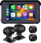 ydi veekindel mootorratta Dash Cam juhtmevaba CarPlay ja Android autoga, 5-tolline IPS puuteekraan, HD1080P kaamera ees ja taga, TPMS, Bluetooth, Wi-Fi, GPS, maksimaalselt kuni 256 GB