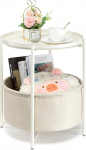 danpinera Round Side Table with Fabric Storage Basket, Metal Side Table, Small Bedside Table, Bedside Table with Removable Tray for Living Room, Bedroom, Children's Room, Laundry, White
