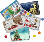 Komplekt 5 mini advendikalendrit koos &scaron;okolaadiga - ehk maailma v&auml;ikseim advendikalender (v&auml;rviline kelgumatk, j&otilde;uluvana tuuril, lumememm, tigupost, Kuck mal Weihnachten)