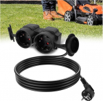 Lamptobe 5 m pikenduskaabel 2 kaitsekontaktiga, IP44 topeltpistik v&auml;litingimustes kasutamiseks, 1,5 mm&sup2; topeltpikendus 2 Schuko pistikupesaga, 16A/250V/4000W, 2-suunaline v&auml;litingimustes kasutatav jaotur, 5 meetrit, must