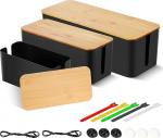 3 kaablikarbi pakett, kaablijuhtimiskast voolu ribade ja kaablite peitmiseks ja peitmiseks, kaablikorraldaja hoiukast bambusest kaane ja kummist jalgadega (must)