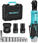 DURATECH Electric Ratchet Wrench Set, Battery Ratchet Wrench 12 V, 3/8 Inch, 65 Nm, Wireless Ratchet Screwdriver with 2 x 2.0 Ah Batteries, LED Light, Includes 10 Sockets, Storage Box, Charger