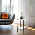 Wohnando Ares Side Table 45 x 45 x 55 cm Light Marble Veneer Bedside Table with 2 Levels for Living Room Study Small Rooms Modern White Marble Look Black Frame