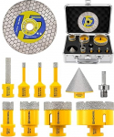 HIGHDRIL teemantpuuripuuride komplekt 11-osaline - 6/6/8/20/20/35/50/68 mm puurpuurid koos 50 mm faasipuuriga, 10 mm s&otilde;rmepuuriga, kuuskantadapteriga ja l&otilde;ikekettaga - plaatide, keraamika, portselani, graniidi ja