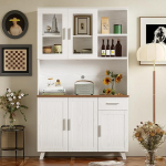 BTM Sideboard White Wood Grain Tall Cabinet 114 x 40 x 190 cm Suitable for Living Room and Dining Room