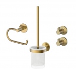 Lenz Juna 4190041 Vannitoa tarvikute komplekt kuldses toonis - 4-osaline - WC-rullikuhoidja, WC-harja komplekt ja kaks r&auml;tikukonksu - liimimiseks v&otilde;i puurimiseks - s&otilde;rmej&auml;lgede vastase pinnaga