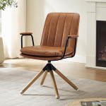 Zouron pruun kontoritool ilma ratasteta - Mid Century Modern Swivel Chair, pruun kunstnahast polsterdatud kontoritool tammepuust jalgadega, puidust t&ouml;&ouml;laua tool, akenttiline tool kodukontorisse elutuppa