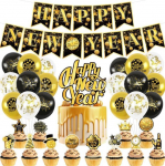 Schwarz Golden 2026 Happy New Year Dekorationen 2026 Happy New Year Banner Luftballons Silvester Party Cupcake Toppers f&uuml;r Zuhause Urlaub Party Supplies