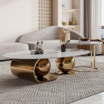 Moderner Couchtisch-Set aus Marmor, ovaalne, 2-osaline, Edelstahl, luxuri&ouml;ser Mitteltisch f&uuml;r Wohnzimmer, stabile und minimalistische Wohnm&ouml;bel, 140 cm A