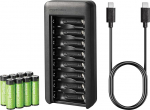 Amazon Basics NiMH laetav akukomplekt 8 Pack AA aku 2000mAh koos akulaadijaga, millel on ruumi 8 aku jaoks, vahelduvvooluadapterit ei ole, USB-C port