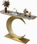 Halbmond-Konsolentisch im Industriestil - Schmaler Eingangs- und Sofatisch mit Metallfu&szlig;, Akzentm&ouml;bel f&uuml;r den Flur, Wohnzimmer und Foyer - Gold-Finish, 80 cm
