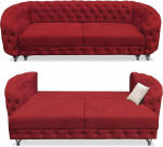 Chesterfield diivan magamisfunktsiooniga, 3-kohaline diivan, Premium Comfort, vetth&uuml;lgav ja kriimustuskindel samet, diivan koos lisavarustusega, elegantne disain (punane)