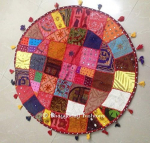 Indian Ethnic Classical Patch Work Pouf Pouffe Ottoman, Bohemian Stool Chair Pouffe, Patch Work Embroidered Pouf Cover, Cotton Handmade Printed Ottoman Pouf, Living Room Pouf, 32 Inch. By Bhagyoday