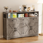 BonVache Sideboard, k&ouml;&ouml;gikapp sahtlitega, hoiukapp, avatud riiuliga k&uuml;ljepaneel, kohvibaarikapp k&ouml;&ouml;ki, s&ouml;&ouml;gituppa, elutuppa, 130 x 35 x 95 cm, halli v&auml;rvi, puidu v&auml;limusega.