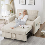 EMKK 3-in-1 diivanvoodi kolmeastmelise reguleeritava seljatoega, pikendatav kaheseinaline kokkupandav diivan koos padja ja k&uuml;ljetaskuga, linane diivan lamamispind 166 x 95 cm (beež)