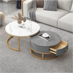 Modernne &uuml;mmargune kohvilaud 2-st pesitsuslaua komplekt sahtli hoiuga kiltkivi marmorist tekstuuriga metallraam elutuppa magamistuppa valge ja hall