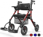 VOCIC 2-in-1 ratastooli rollator kokkupandav ja kerge istmega, v&auml;litingimustes kasutatavad kummist rehvid igale maastikule, kerged rullid v&otilde;rktaskuga, alumiiniumist k&otilde;ndimisabi, transporditooli, punane (5-aastane)