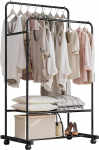 Isyunen Clothes Rack, Coat Rack on Wheels with 2 Clothes Rails, 2 Shelves for Boxes (Black)