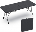 VOUNOT Gartentisch Klapptisch 180x75 cm, Campingtisch Buffettisch Klappbar mit Tragegriff f&uuml;r Garten, Terrasse und Balkon, Rattan Optik Schwarz
