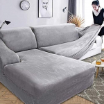 ABUKJM Sofa Cover L Shape Chaise Longue, Thickened and Comfortable Plush Velvet Fabric, Stretch Sofa Protector Non-Slip for Living Room Corner Sofa, Dustproof, Machine Washable, Grey 3-Seater 190-230