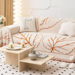 Mesnt Sofa Cover Sofa Throws, Orange Washable Sofa Protection Cover Slipcover Couch with Leaf Pattern with Fringes Made of Chenille, 130 x 180 cm