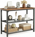 Kitsas konsoollaud, 80 cm, t&ouml;&ouml;stusdisaini k&uuml;ljelaud 2 riiuliga, koridorilaud, puit ja metall, vastupidav sissep&auml;&auml;sulaud v&auml;ikestesse koridoridesse, kitsas k&uuml;ljelaud diivani taga, pruun