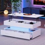 H&uuml;drauliline reguleeritava k&otilde;rgusega kohvilaud LED-valgustusega, Bluetooth-rakenduse juhtimisega, 2 sahtlit ja avatud hoiuruumiga (valge)