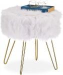 Relaxdays Fur Stool, Faux Fur, Metal Frame, Round, Fluffy, Elegant Dressing Table Stool, H 40 x D 38 cm, White/Gold