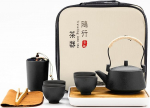 fanquare Japanese Portable Travel Tea Set with Travel Bag, Black Porcelain Tea Service with Teapot, Mini Chinese Tea Set for Adults, Gifts Men