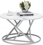 Side Table Modern Living Room Table Marble Coffee Table Faux Marble Top Round Coffee Table for Living Room, Bedroom, Office, Balcony, 1 Piece, Diameter 80 cm, White and Silver
