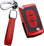 HIBEYO Flip Key auto v&otilde;tme puhul sobib Peugeot v&otilde;tme puhul Citroen C1 C2 C3 C4 Berlingo jaoks Peugeot 307 207 407 308 kaugjuhtimispuldi v&otilde;tmekast TPU nahast tekstuur 3-nuppu punane