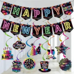 V&auml;rviline Happy New Year Banner koos rippuvate keeristega 2025 Happy New Years Party Decorations Glitter fluorestseeruv v&auml;rviline uusaasta banner Ceiling Swirls v&auml;rvilise uue aasta peotarvikud
