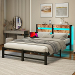 QUCENAK King Bed Frame with USB Charging Station, Queen Size LED Bed Frame with Wooden Headboard, Metal Platform Bed Frame, No Box Spring Required, Strong Slatted Support, Easy Assembly