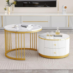 BTM Elegantne 2-osaline valge pesakujuline kohvilaudade komplekt, 60 x 60 x 45,5 cm ja 50 x 50 x 32 cm, &uuml;mmargused lauad k&otilde;rgl&auml;ikega marmori v&auml;limusega, 2 sahtlit, maksimaalne koormus 30 kg, pesakombineeritud kohvilaudade komplekt.