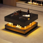 LED-valgustusega kohvilaud, k&otilde;rgl&auml;ikega elutoa laud 2 sahtliga ja varjatud hoiuruumiga, k&uuml;ljelaud, kohvilaud, diivanilaud elutuppa, kontorisse, 78 x 78 x 43 cm (must + ruudukujuline)