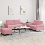 3-TLG. Sofagarnitur mit Kissen Rosa Samt, 2-Sitzer Diivan Set inkl. Hocker, Modernes Velours Wohnzimmer Set mit bequemer Polsterung f&uuml;r Wohnbereich und G&auml;stezimmer