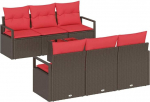 vidaXL Sofa Set mit Kissen 7 pcs Braun und Rot Poly Rattan, Garten- und Terrassensofa Set, modern, kerge, modulaarne, vastupidav, UV-best&auml;ndig, Rattan Lounge M&ouml;bel f&uuml;r draussen