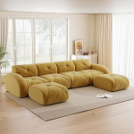 U-f&ouml;rmiges Modulsofa, Rahmenloses Sofa, 4-Sitzer-Kombinationssofa-Set, Inklusive 2 Hockern, geeignet f&uuml;r das Wohnzimmer, bequemer Stoff, rutschfestes Design, Keine Montage erforderlich, Gelb