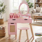 WOODENFUN Roosa Retro Palissaden Printsessi riietuslaud lastele koos v&auml;ljaheite, sahtli, meigikomplektiga, multifunktsionaalne puidust riietuslaud laste s&uuml;ndi kingituseks