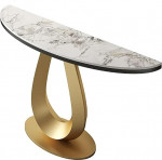 Halbmond Konsolentisch, Schmales Konsolentisch mit Sintersteinplatte, Kohlenstoffstahlrahmen, Moderne Konsole f&uuml;r Eingang, Flur, Diele, Wohnzimmer(Gold,120cm/471in)