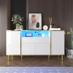 Merax LED Sideboard High Gloss White elutuba magamistuba Sideboard LED-valgustusega ja kuldsete jalgadega, kapp 4 ukse ja 1 sahtliga, 150 x 40 x 80 cm.