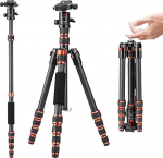 K&F Concept 152 cm Carbon Tripod, Lightweight Tripod, Flexible Camera Tripod with 360&deg; Ball Head, 1/4 Inch Thread, Carry Bag for DSLR Camera A225C0+BH-25L