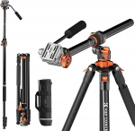 Camera Tripod, K&F Concept Video Tripod with Fluid Head, 231 cm Tripod with 90&deg; Centre Column and Removable Monopod, Aluminium Travel Tripod T254A7+FH-03 for DSLR, Camcorder, Cameras
