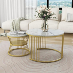 Kaasaegne 2-osaline kohvilaudade komplekt, multifunktsionaalne s&ouml;&ouml;gilaud &uuml;mmarguse k&uuml;ljelaua ja kuldse metallraamiga, diivanilaud k&otilde;rgl&auml;ikega marmorvineeriga