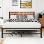 VERFARM kaasaegne metallist voodiraam, metallist voodiraam puidust peaplaadiga, voodiraam lamelliraamiga magamistuppa, k&uuml;lalistetuppa, lihtne kokkupanek, 140 x 200 cm, must/pruun