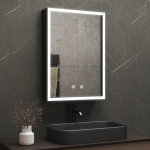 WDWRITTI LED peegelkapp koos valgustusega Vannitoa kapp 50 x 70 cm Metallist vannitoa kapp Meditsiinikapp Peegelkapp 3 v&auml;rvi timmitav, uduvastane, klaasist riiuliga